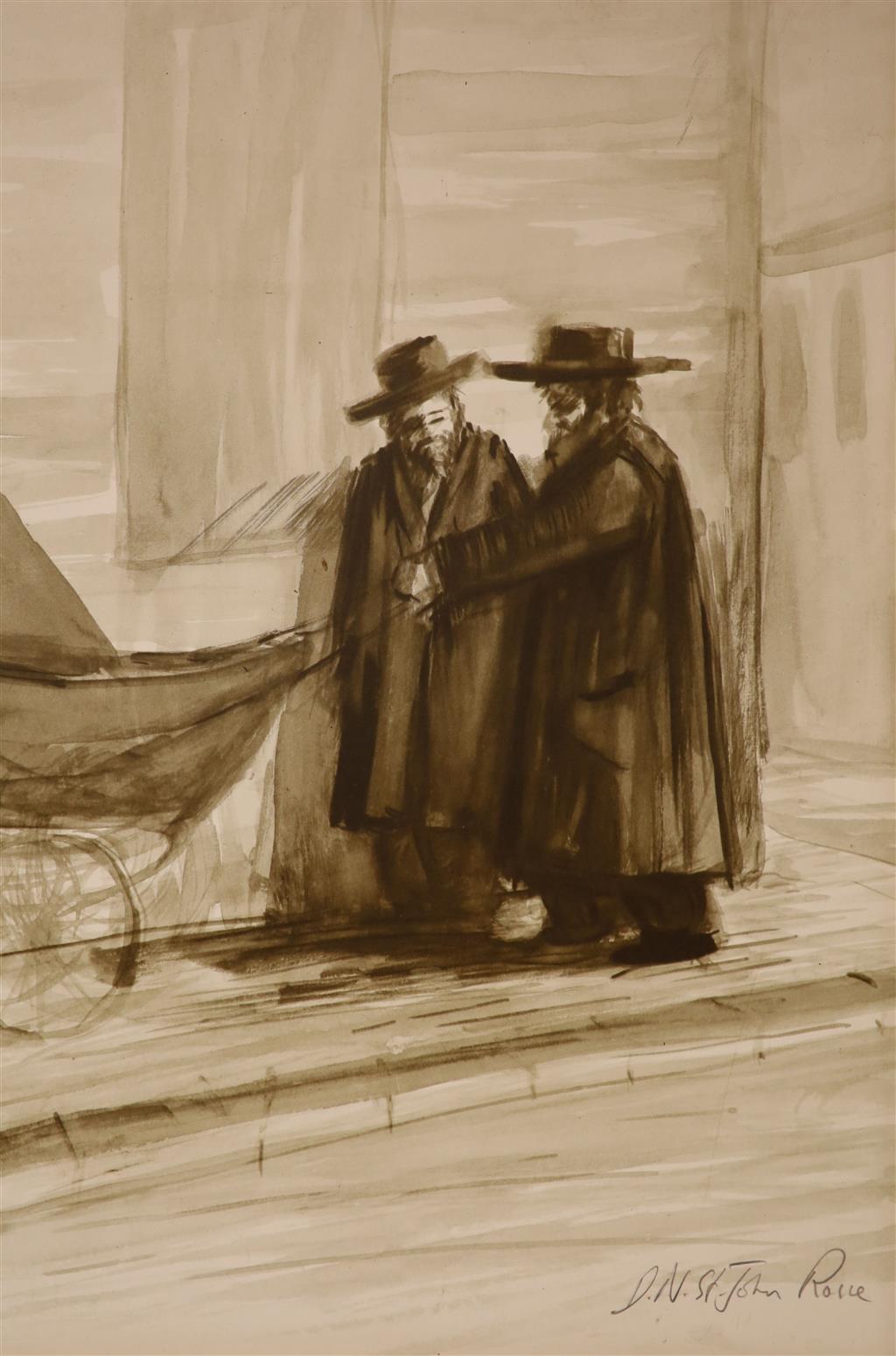 Follower of Beverly Pepper (1922-2020), oil on card, Three seated figures, signed, 43 x 35cm, unframed, and three other pictures